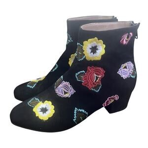 Betsey Johnson Black Ankle Boots with Colorful Floral Embroidery